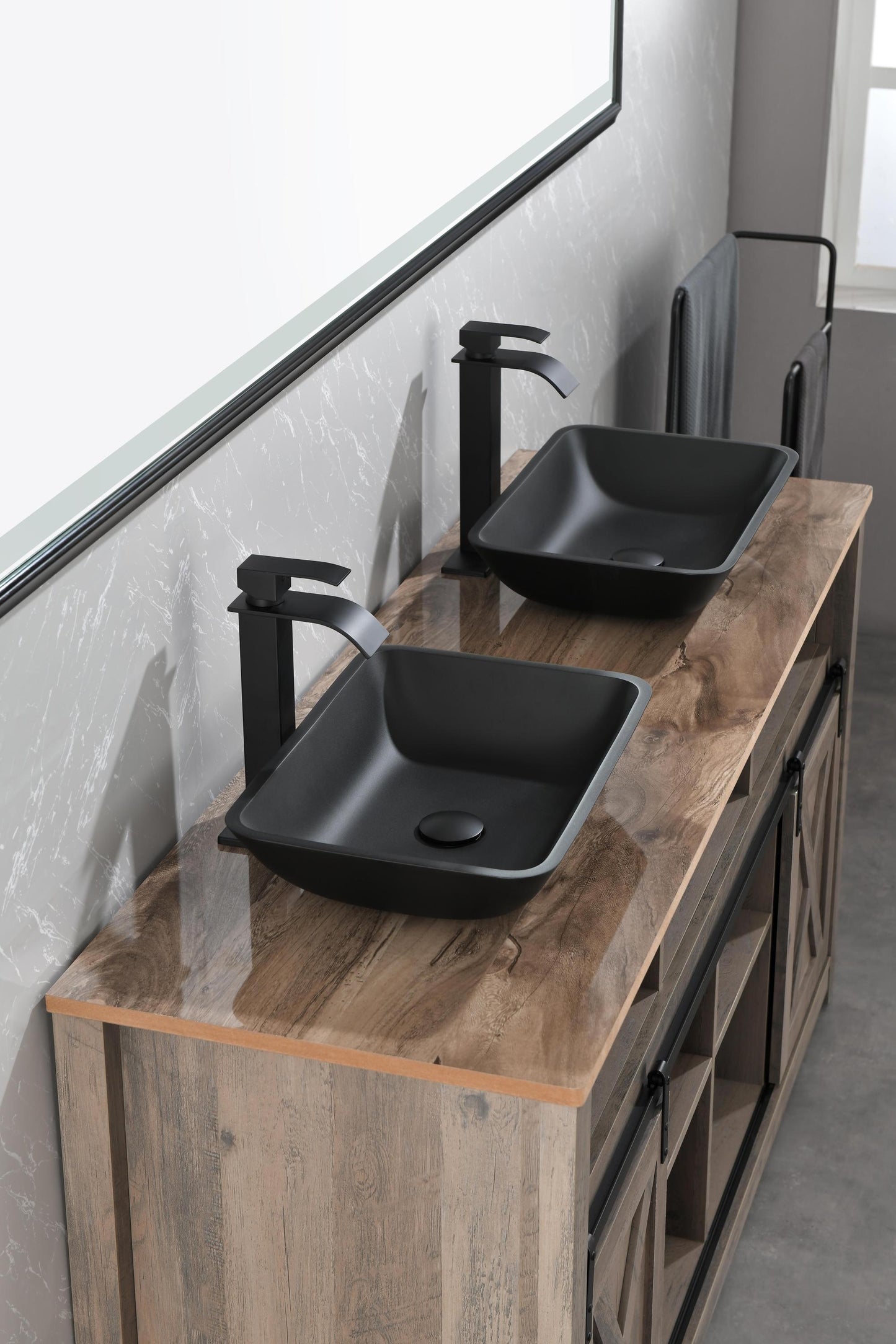 Black Matte Glass Vessel Bathroom Sink Set with Faucet and Drain