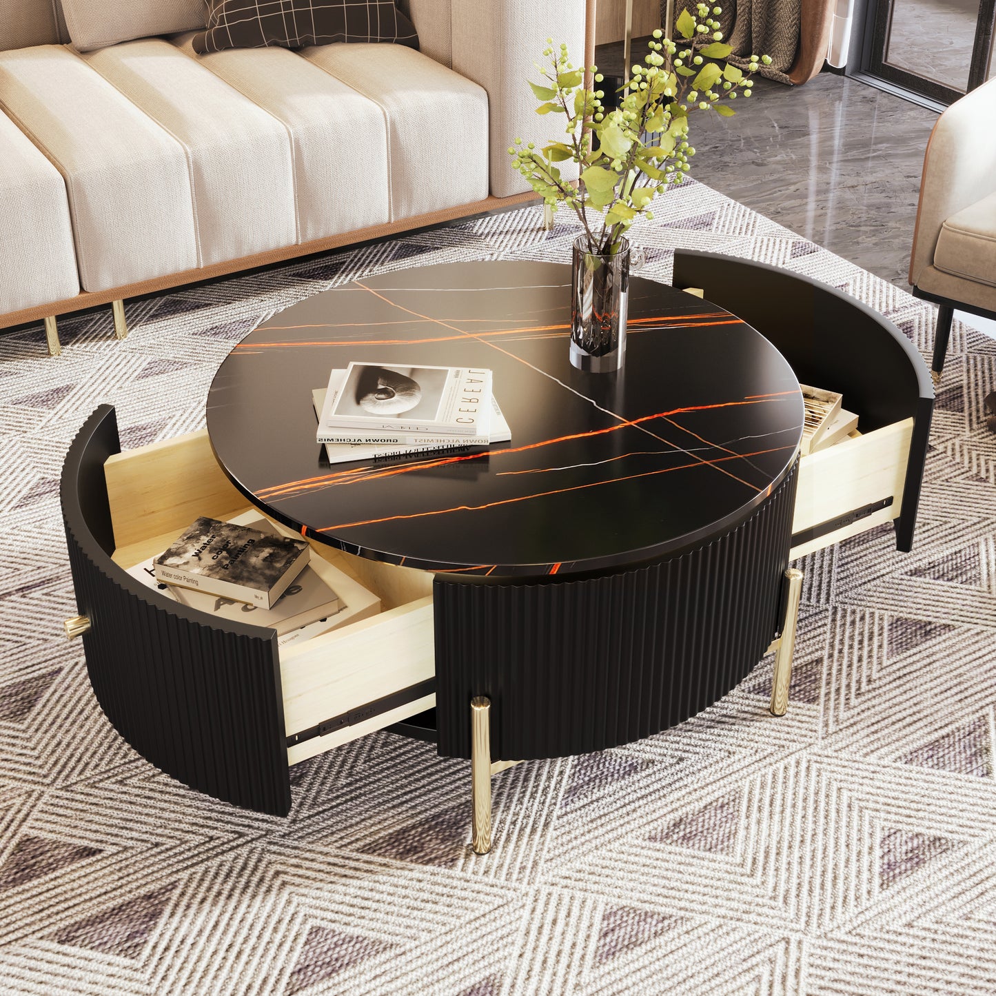 Contemporary Round Coffee Table with 2 Spacious Drawers and Marble Patterned Top