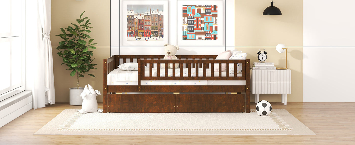 Full Size Daybed Wood Bed with Two Drawers, Walnut