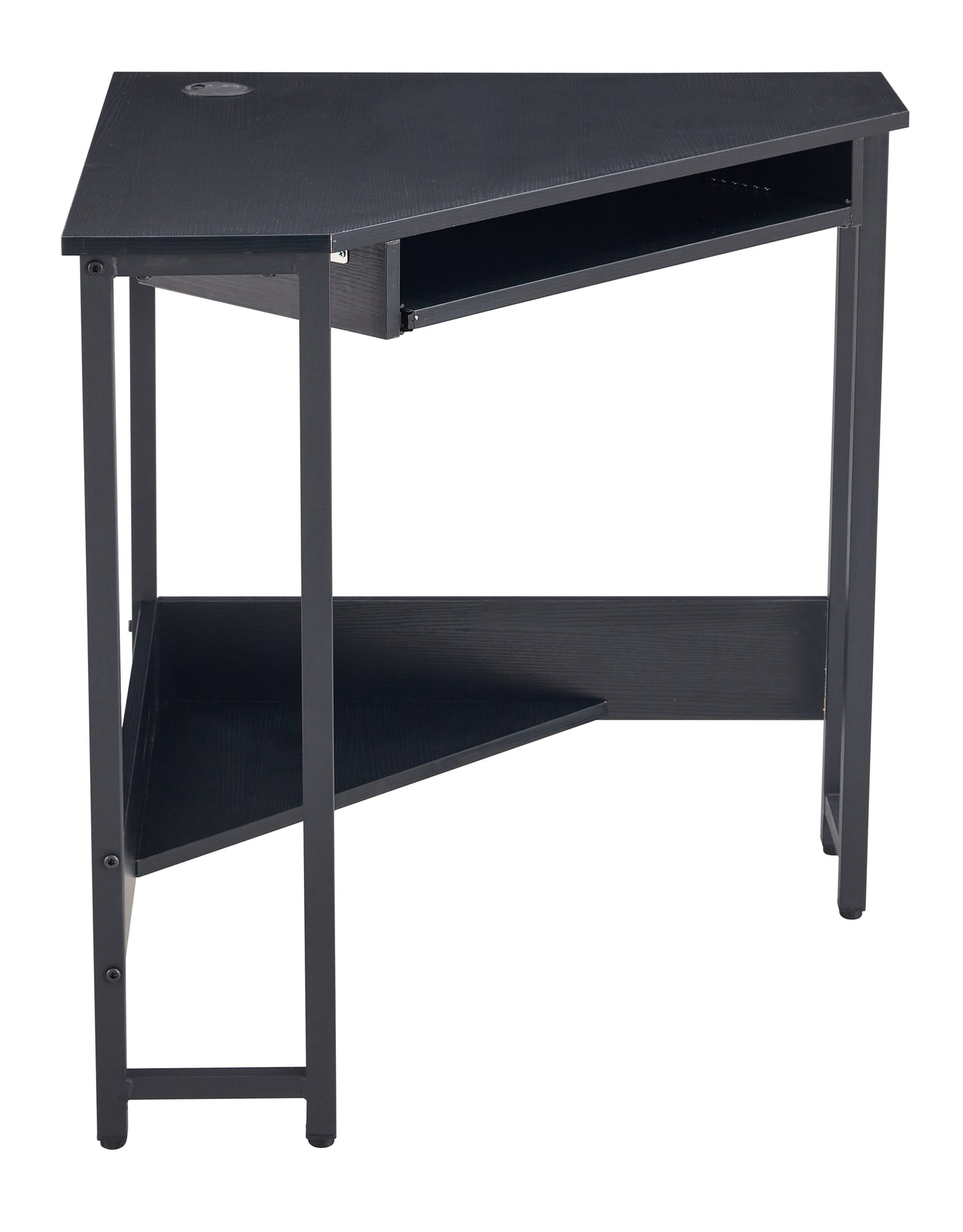 Sleek Black Triangle Desk with Keyboard Tray and Storage Shelves