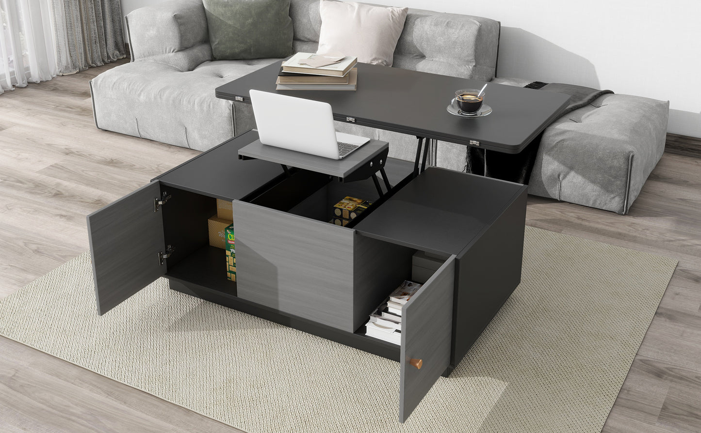 Extendable Lift-Top Coffee Table with Storage in Contemporary Gray