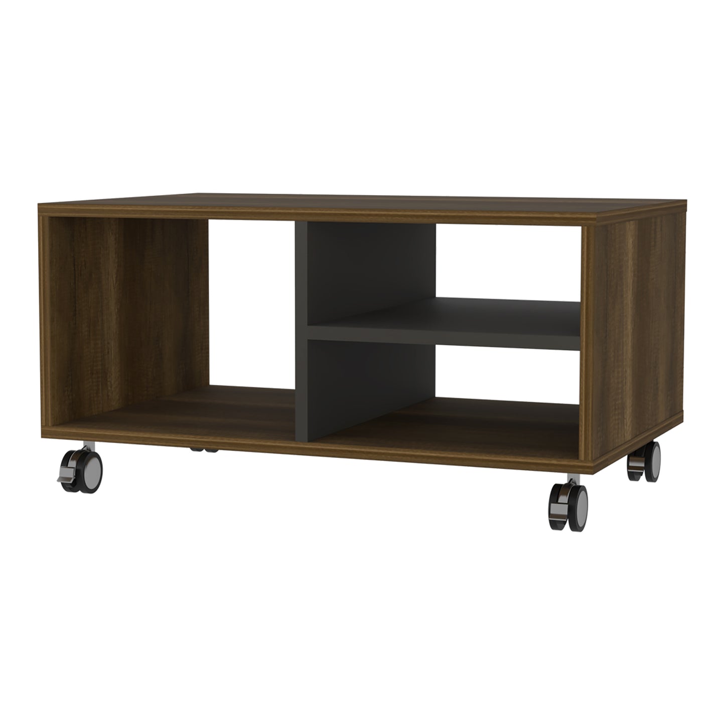 Coffee Table with Three Shelves and Four Casters - Walnut / Black