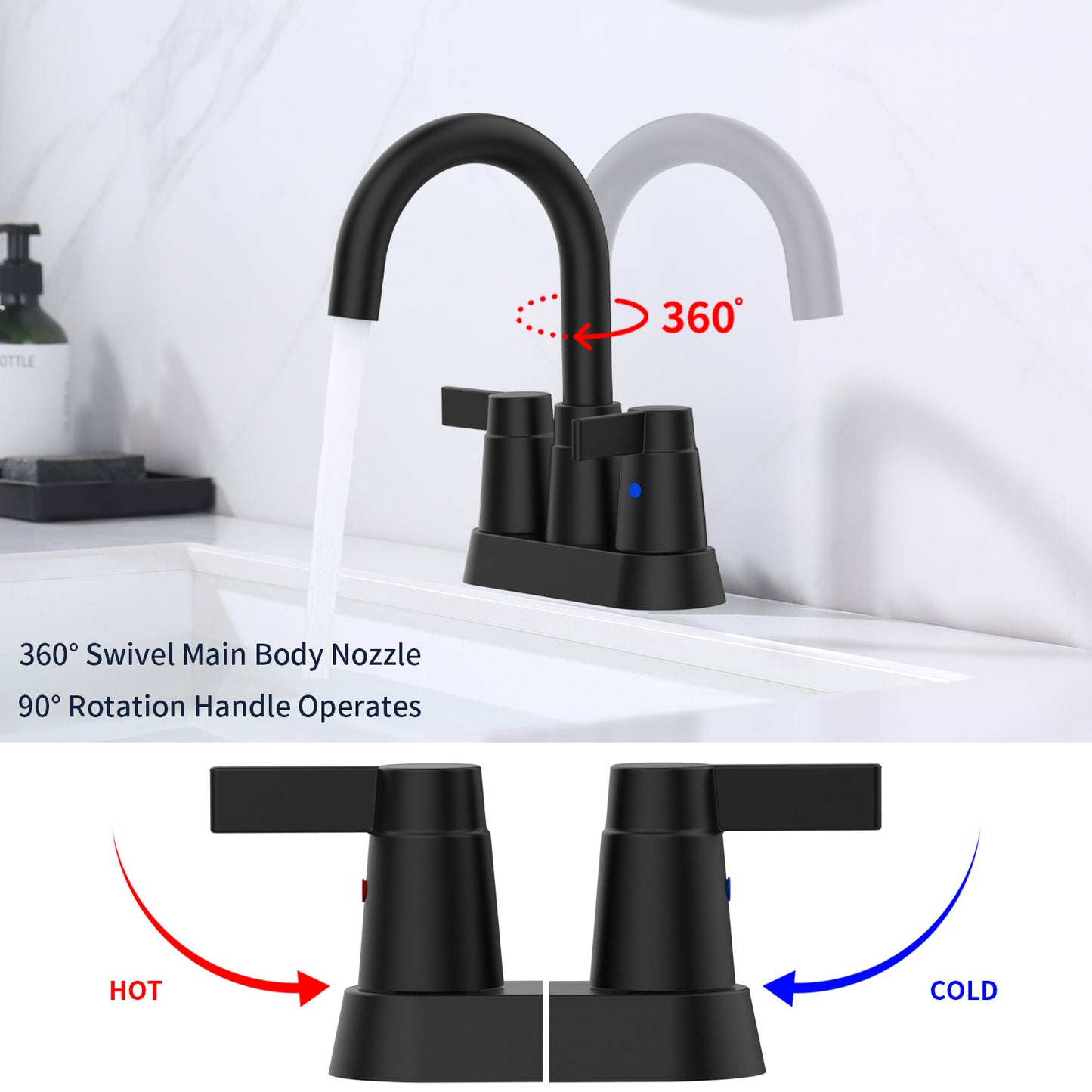 Black Matt Bathroom Sink Faucet with 2 Handles - 360 Swivel Spout