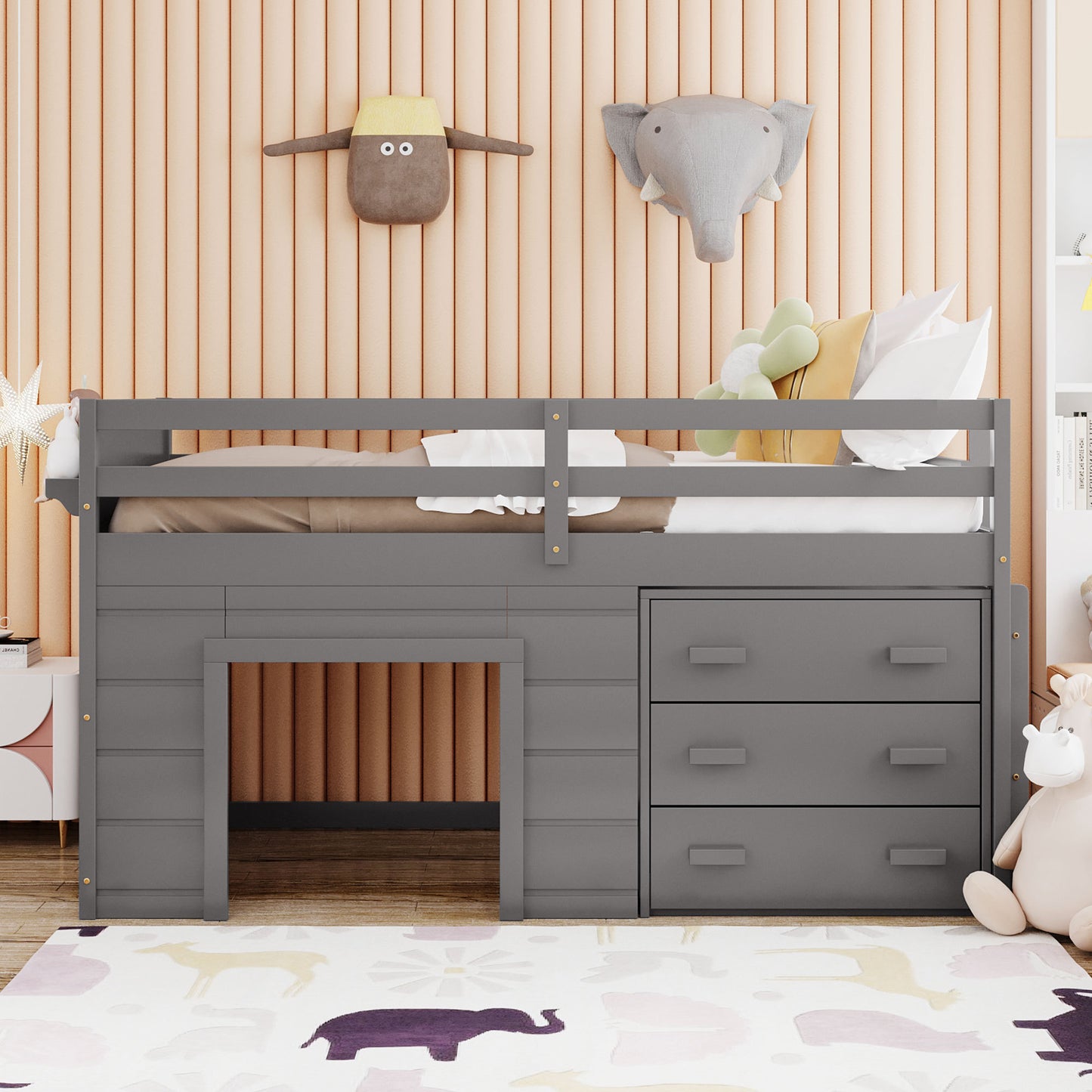 Twin Size Loft Bed with Cabinet and Shelf - Gray