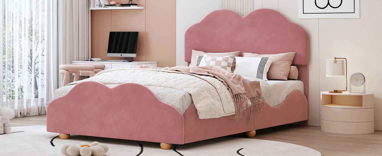 Full Size Upholstered Platform Bed with Cloud Shaped bed board, Dark Pink