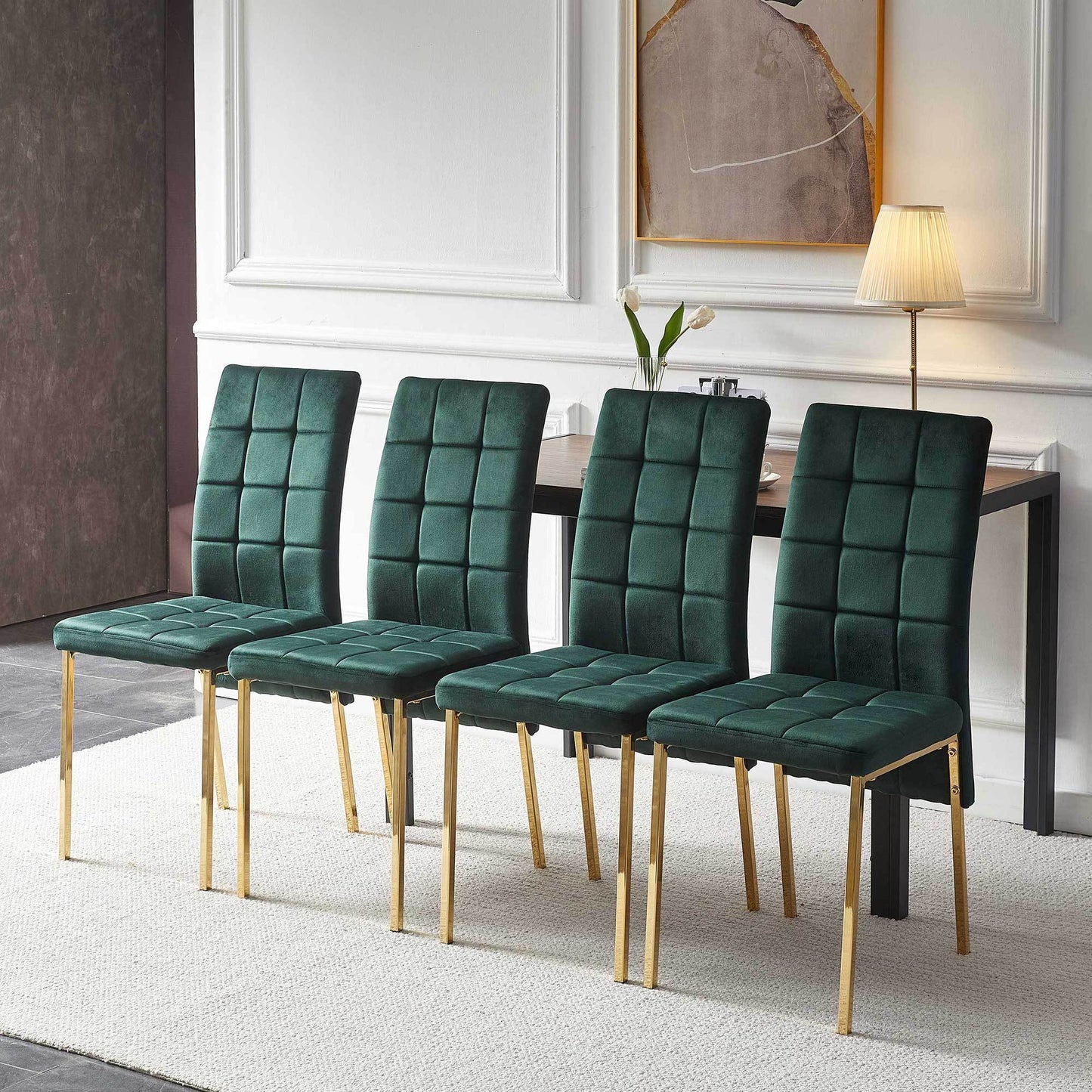 5-Piece Dining Set Including Green Velvet High Back Golden Color Legs Nordic Dining Chair & Creative Design MDF Dining Table