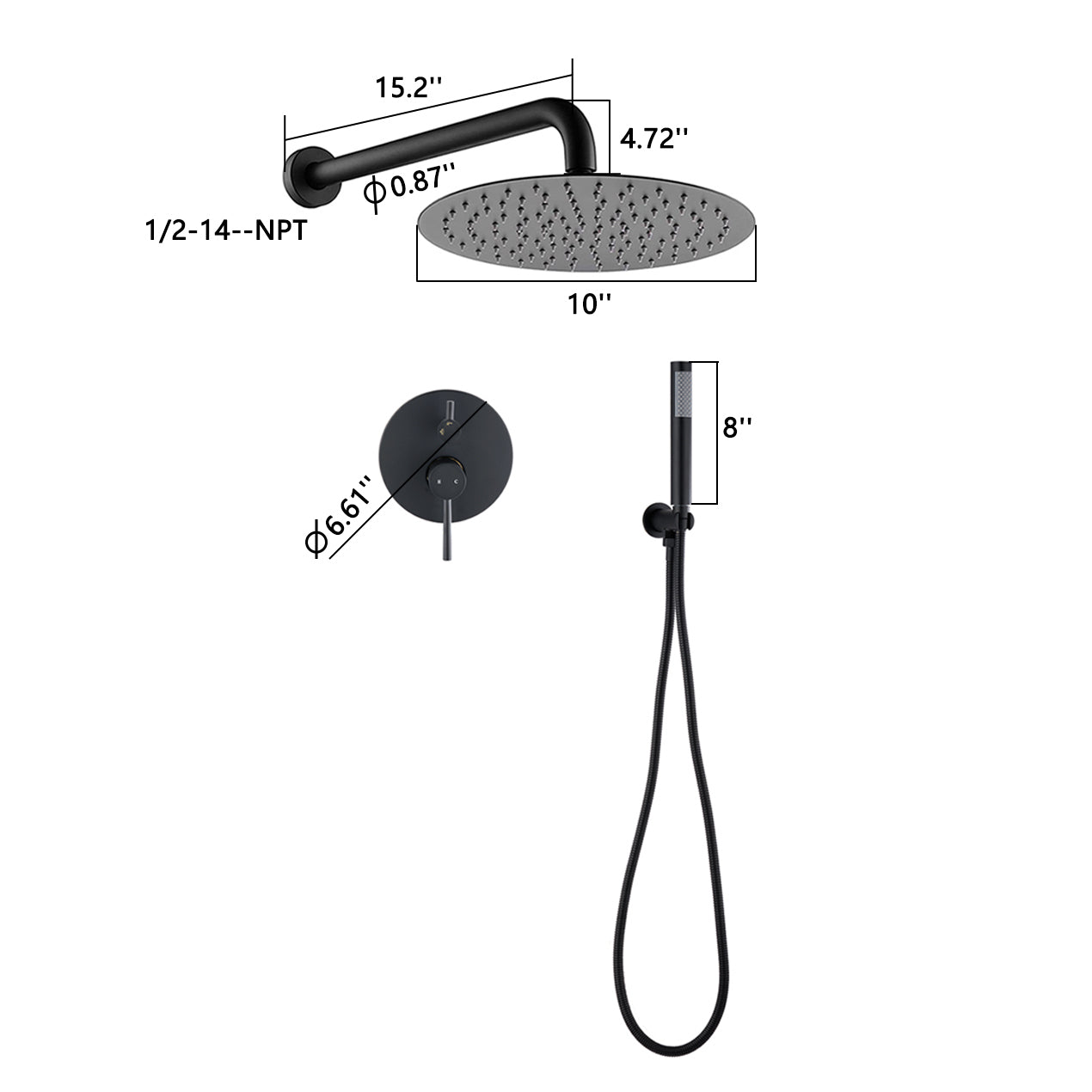 Matte Black Round Rain Shower Head Set with Handheld Shower Head - 10