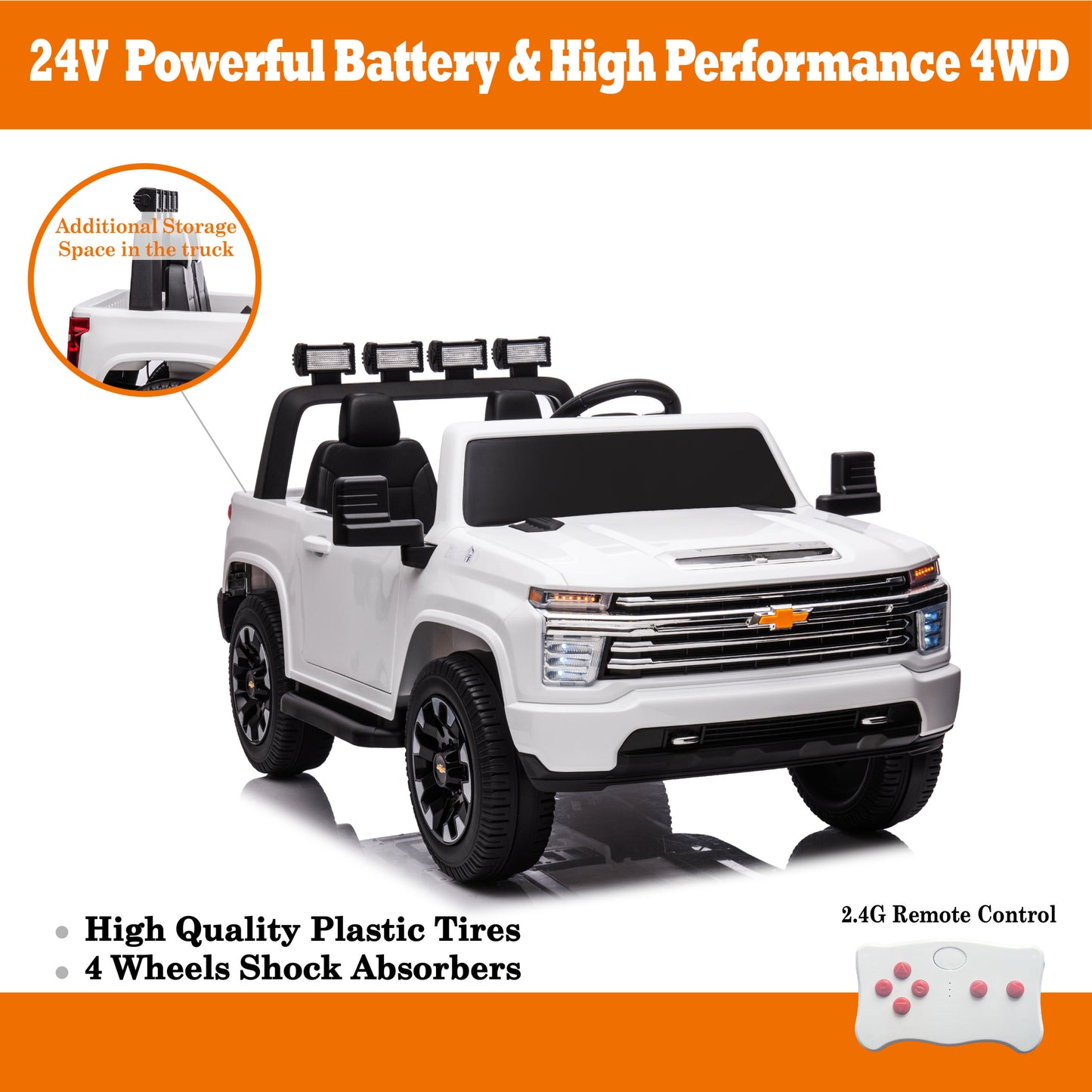 White, 24V 2 Seater Ride On Truck Car, Licensed Chevrolet Silverado HD Electric Car for Kids, 4WDmotors, with2.4G Remote Control, Metal Suspension, Soft Start, FM/Bluetooth/Music, LED Light,Toys Gifts