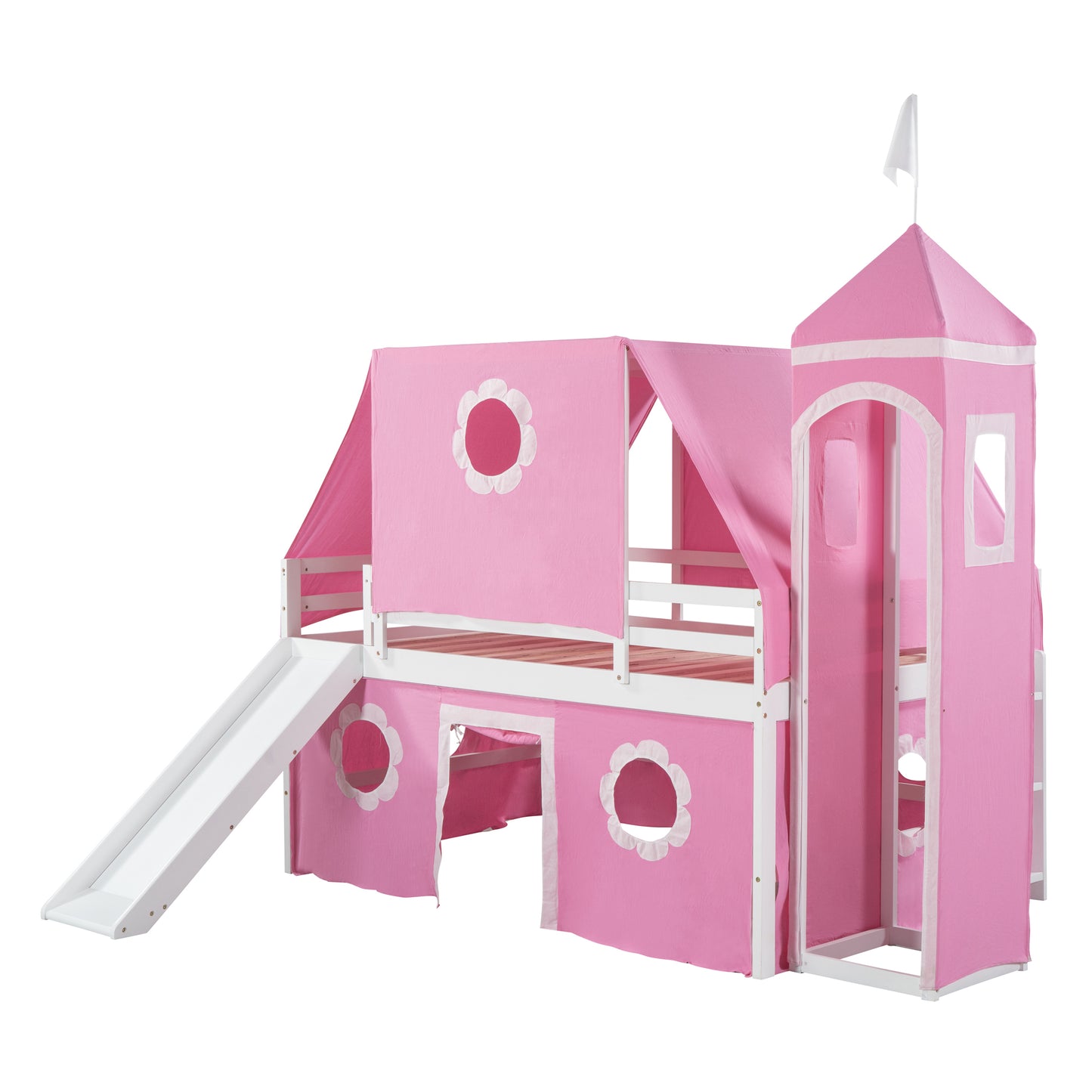 Pink Castle Loft Full Size Bunk Bed with Slide, Tent, and Tower - Enchanting Pink Castle Loft Bed with Slide, Tent, and Tower