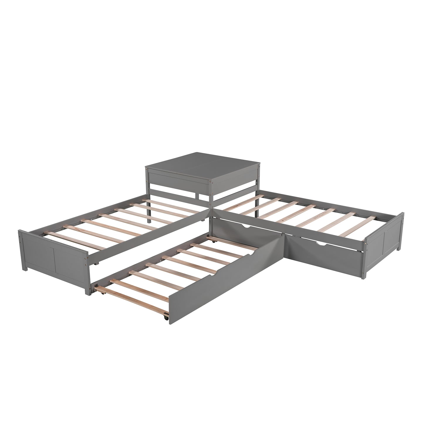 L-shaped Platform Bed with Trundle and Drawers Linked with built-in Desk,Twin,Gray