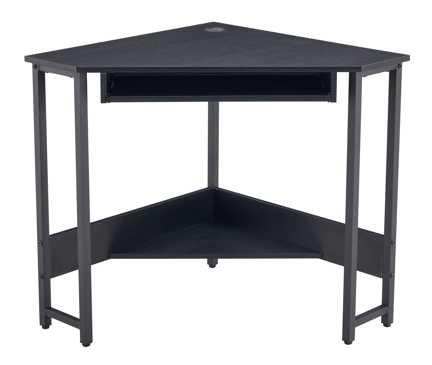 Sleek Black Triangle Desk with Keyboard Tray and Storage Shelves