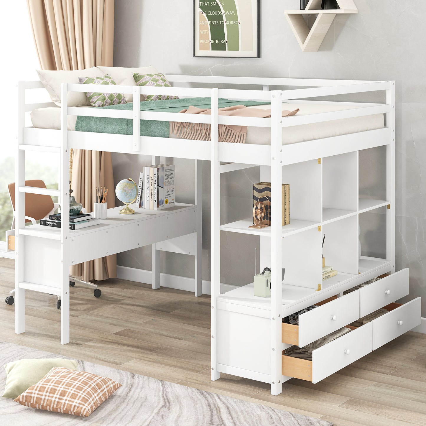 Full Size Loft Bed with Built-in Desk with Two Drawers, and Storage Shelves and Drawers,White