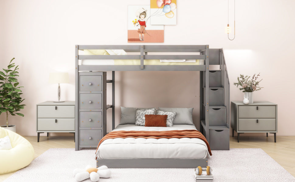 Space-Saving Gray Bunk Bed with Storage Stairs and Versatile Features