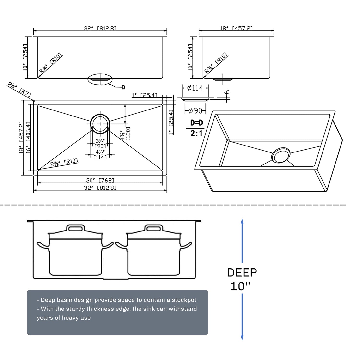 32 Inch Stainless Steel Undermount Kitchen Sink With Grid