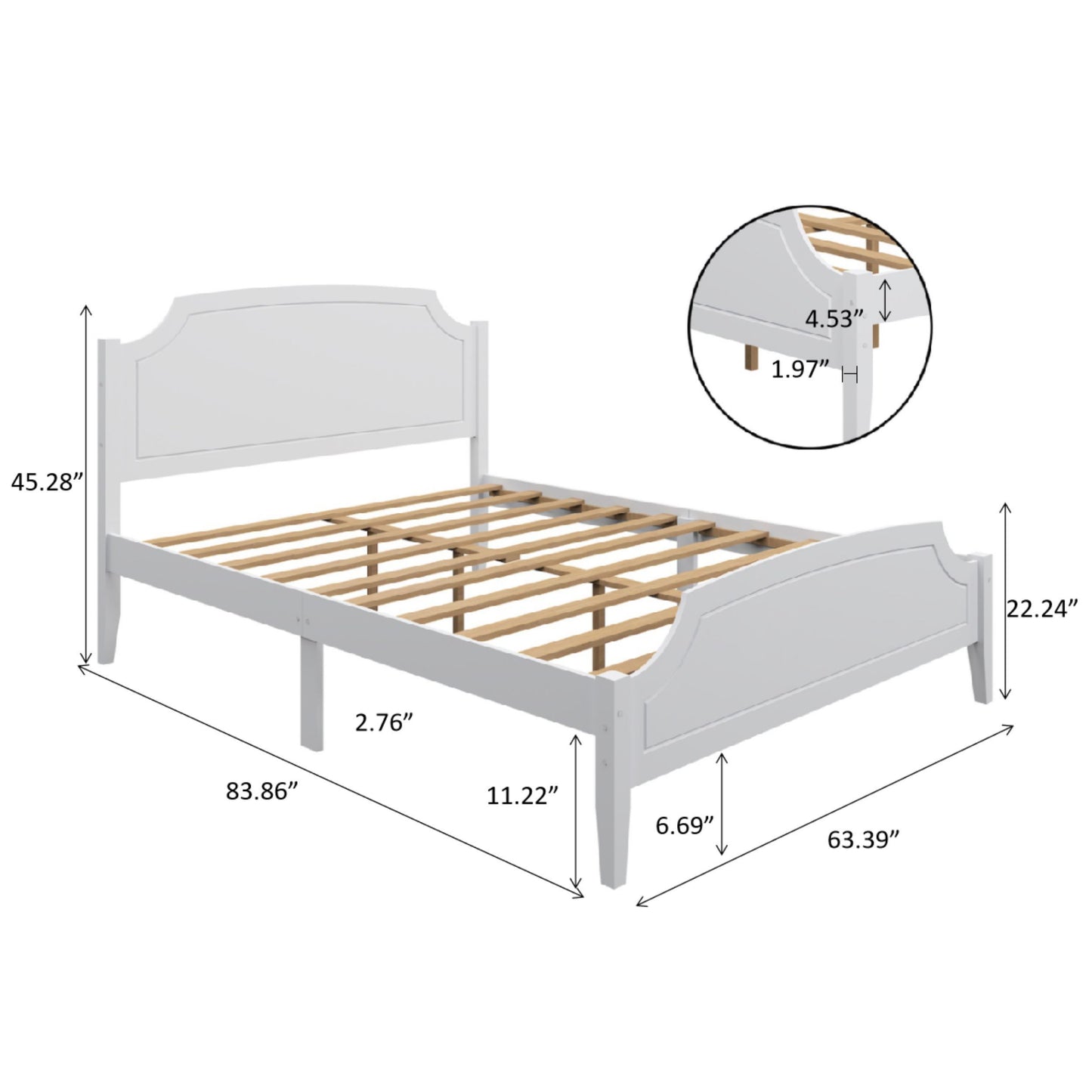 White Contemporary Roman Style, Solid Wood Bed, Queen Size Bed Frame, No Box Spring Needed, Paint Sprayed Finishing