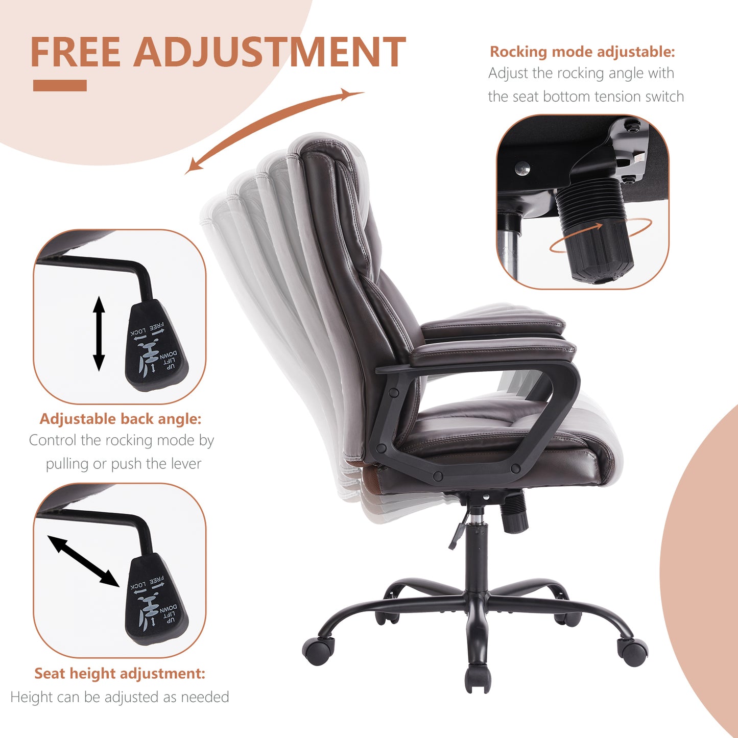 Sweetcrispy Home Office Chair Ergonomic PU Leather Desk Chair with Armrests