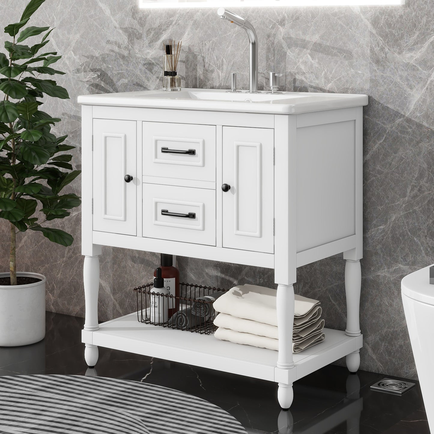 30" Bathroom Vanity with Sink Top, Bathroom Vanity Cabinet with Two Doors and Two Drawers, Solid Wood Frame, One Package, White