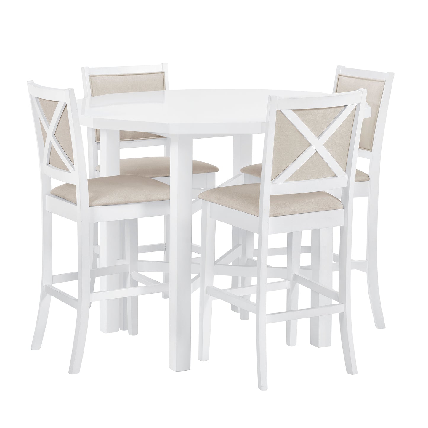 5-Piece Rubber Wood Counter Height Dining Table Set, Irregular Table with 4 High-back Cushioned Chairs for Small Place, White