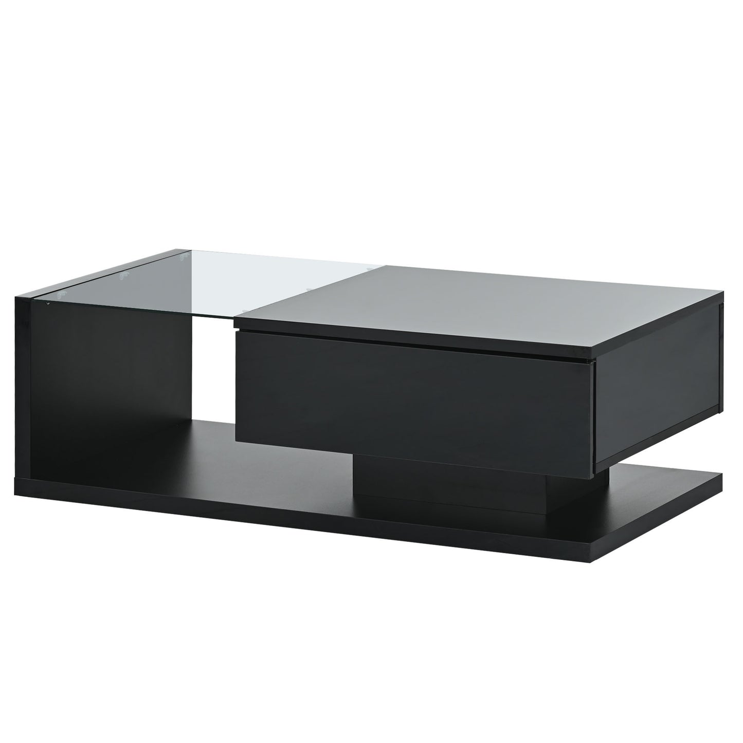 Elegant Black Modernist Coffee Table with Glass Top and Storage Shelf