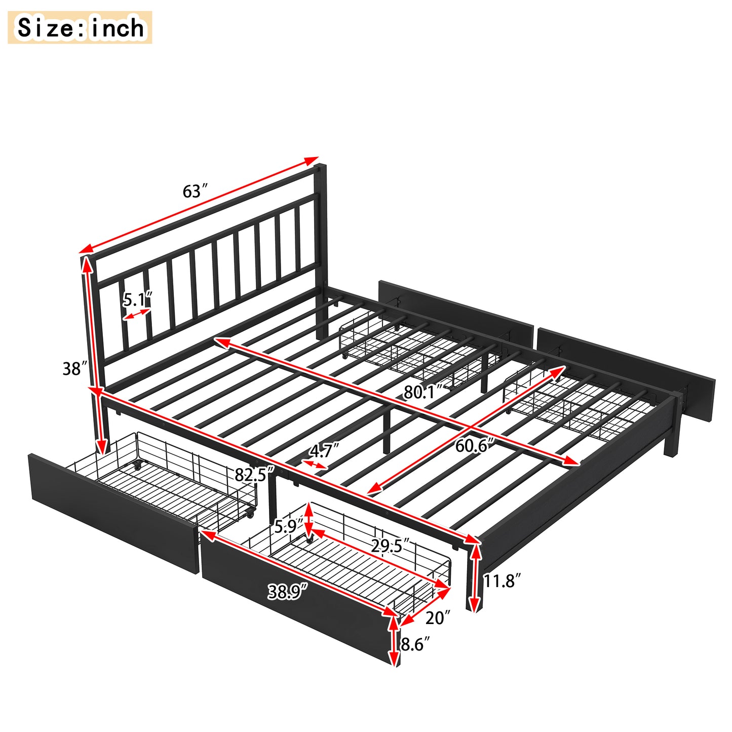 Queen Size Storage Platform Bed with 4 Drawers, Black