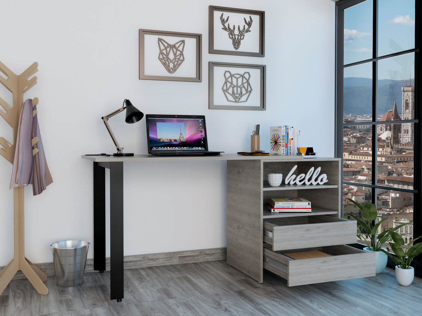 Gray Modern Writing Desk with 2 Drawers and 2 Shelves