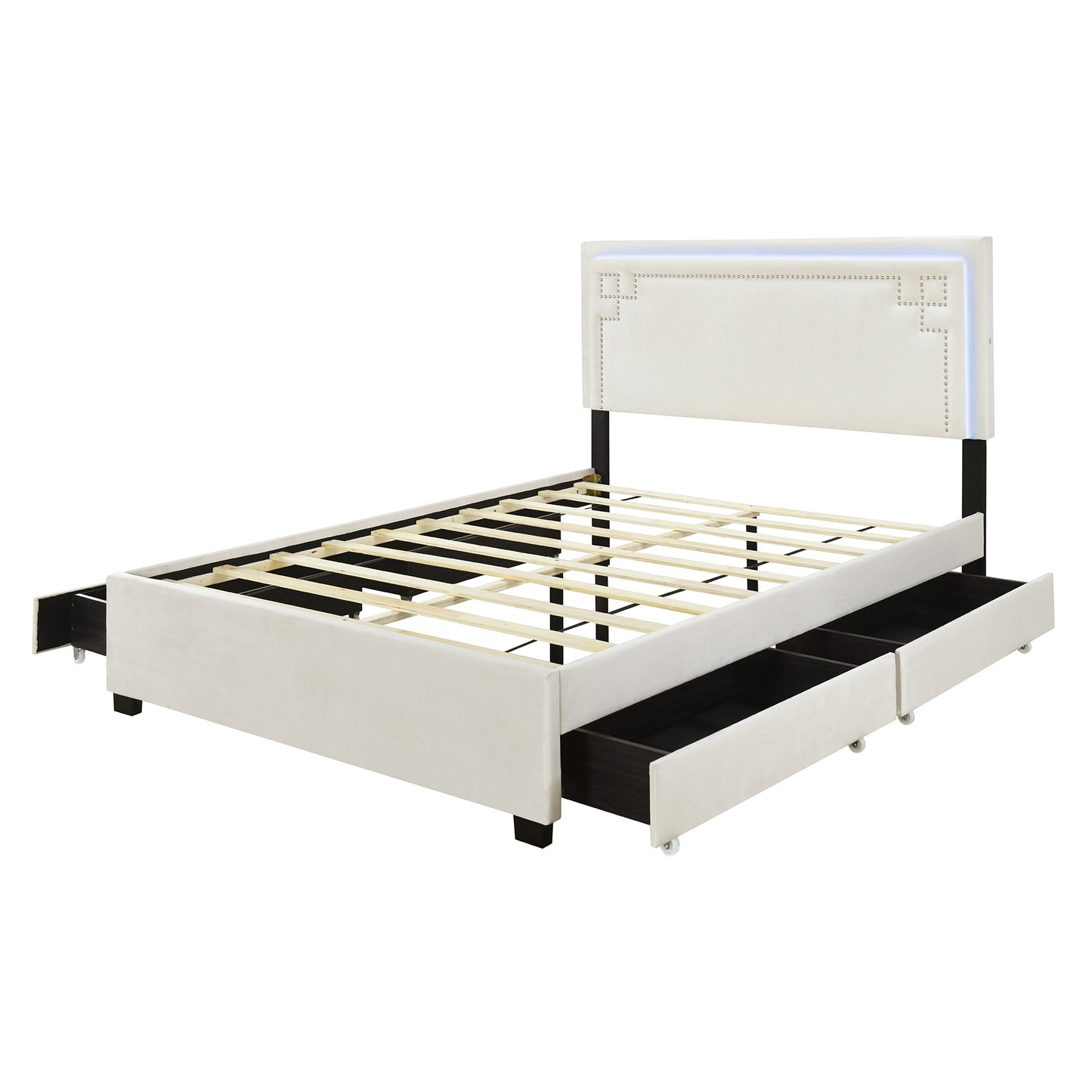 Queen Size Upholstered Platform Bed with Rivet-decorated Headboard, LED bed frame and 4 Drawers, Beige