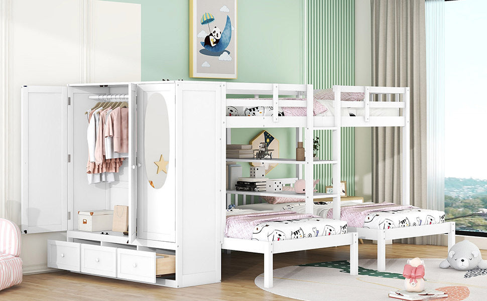 Triple Bunk Bed with Shelves, Wardrobe, and Mirror in White - Space-Saving Family Bunk Bed