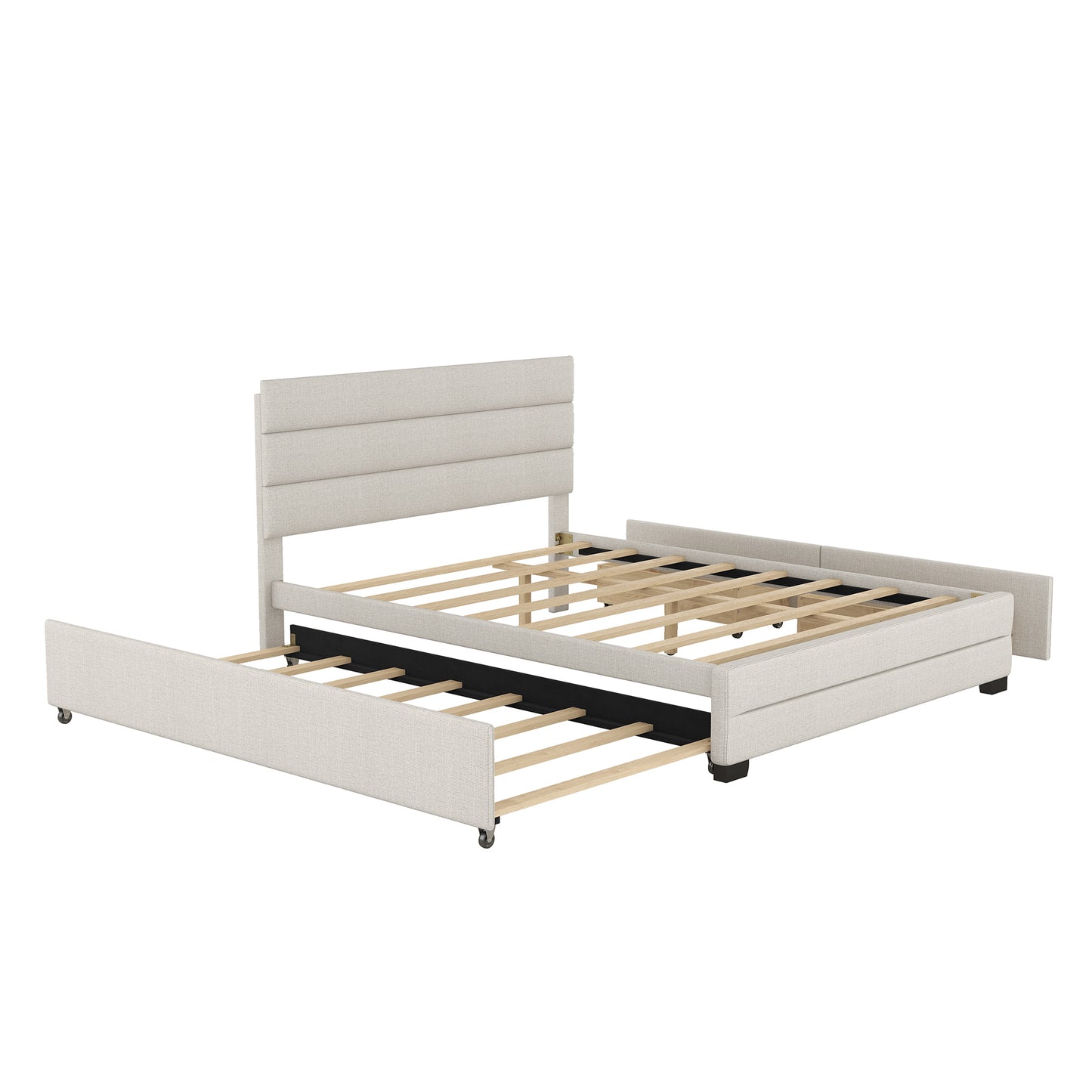 Queen Upholstered Platform Bed with Twin Size Trundle and Two Drawers, Beige