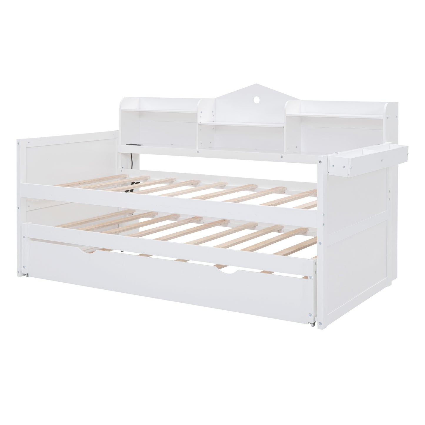 Twin XL Wooden Daybed with 2 Twin Trundles and Storage Shelf, Daybed with USB Charging Ports, No Box-spring Needed, White