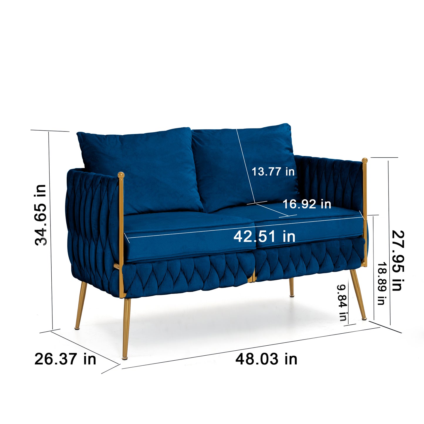 Luxurious 3-Piece Blue Velvet Living Room Set with Handwoven Tufted Backrest and Golden Metal Legs