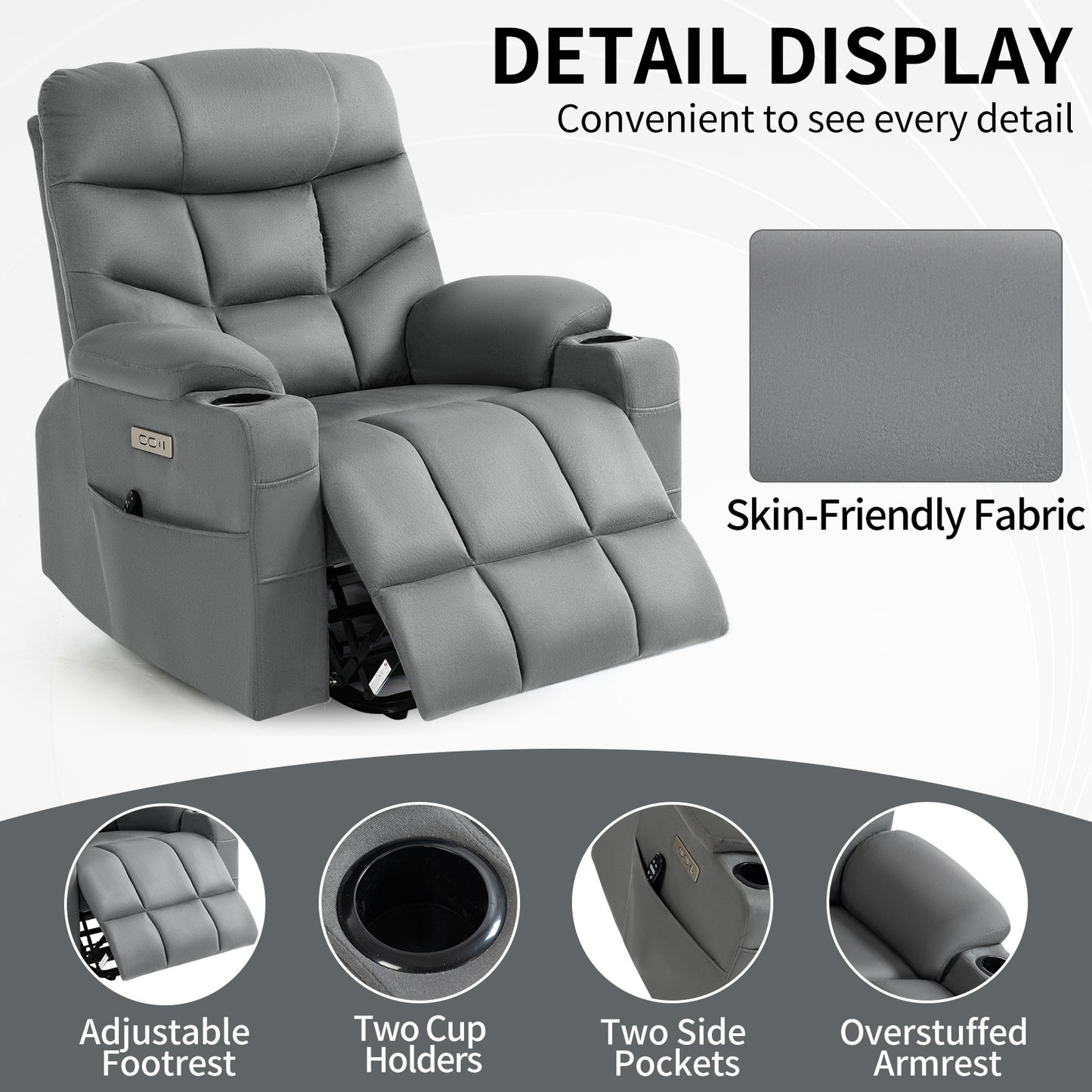 Grey Lift Recliner Chair with Massage, Heat, USB Ports, and Lumbar Support