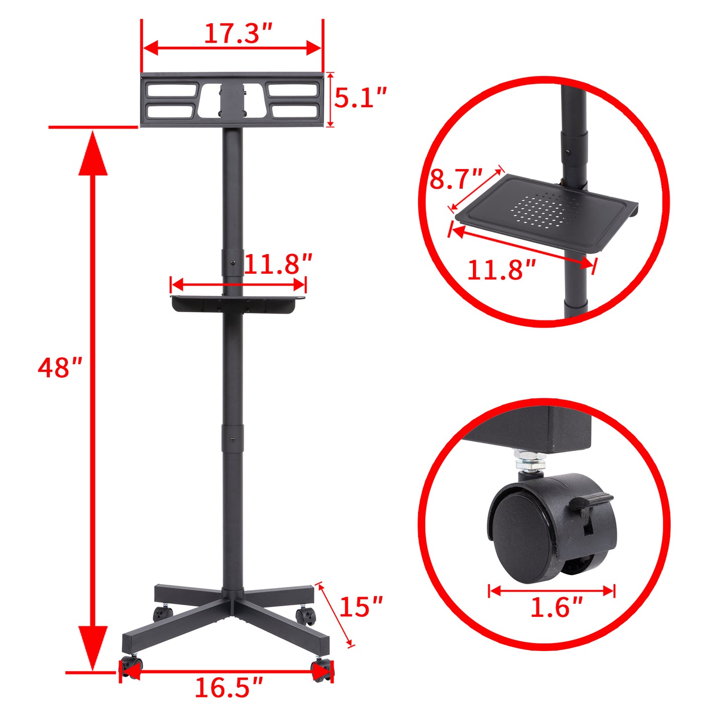 Mobile TV Stand with Adjustable Height and Tilt Function, Rolling TV Stand with Media Shelf for 23-60 inch TVs, Holds Up to 55lbs, Max VESA 400x400mm