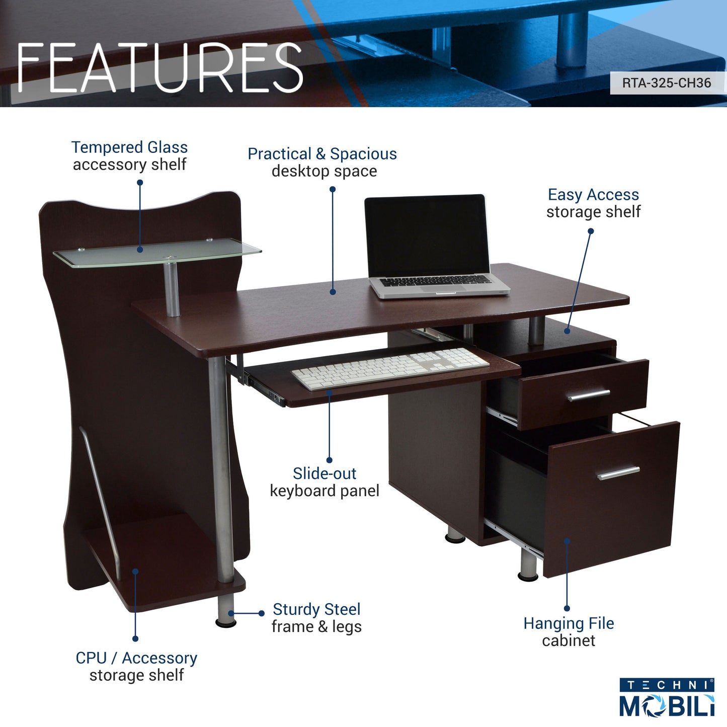 Sophisticated Chocolate Computer Desk with Enhanced Storage Options