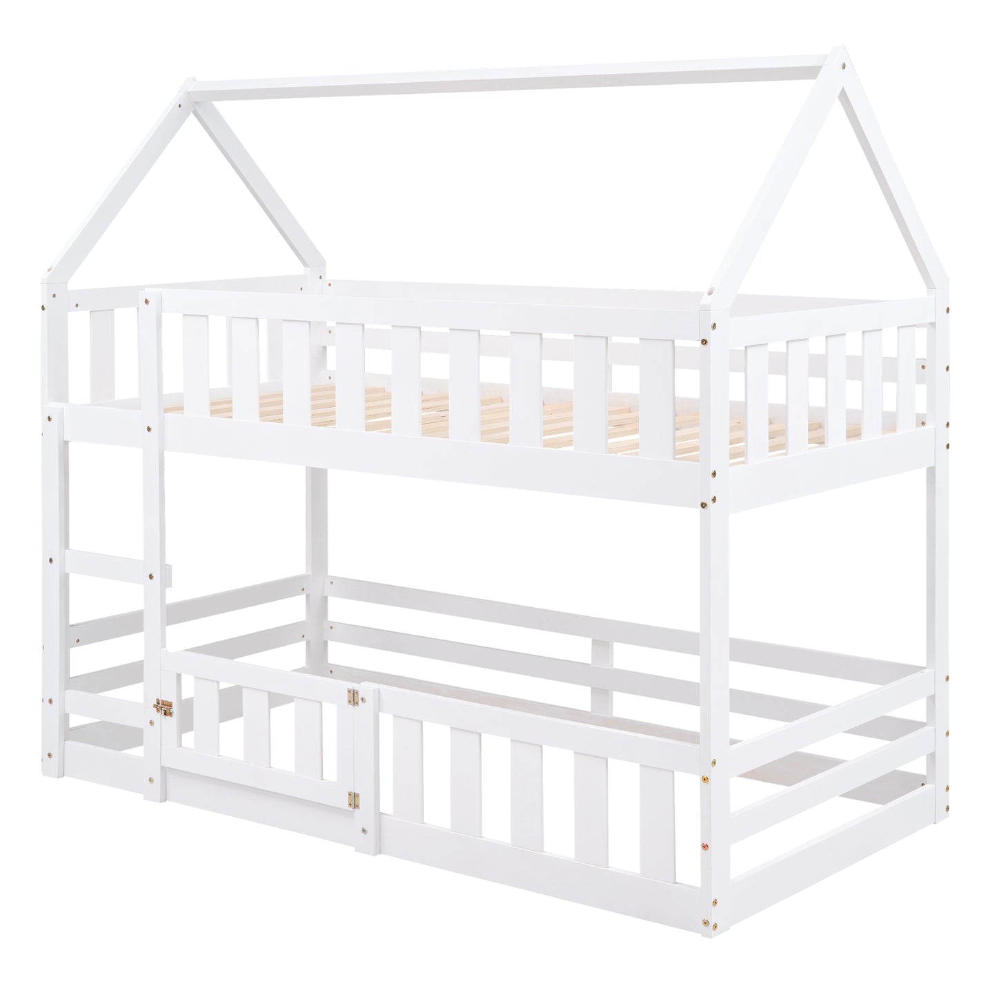 Enchanted White Twin over Twin House Bunk Bed with Playful Fence and Entryway