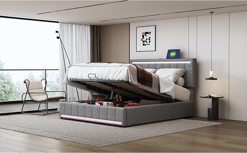 Full Size Upholstered Platform Bed with Hydraulic Storage System, LED Light, and a set of USB Ports and Sockets, Linen Fabric, Gray