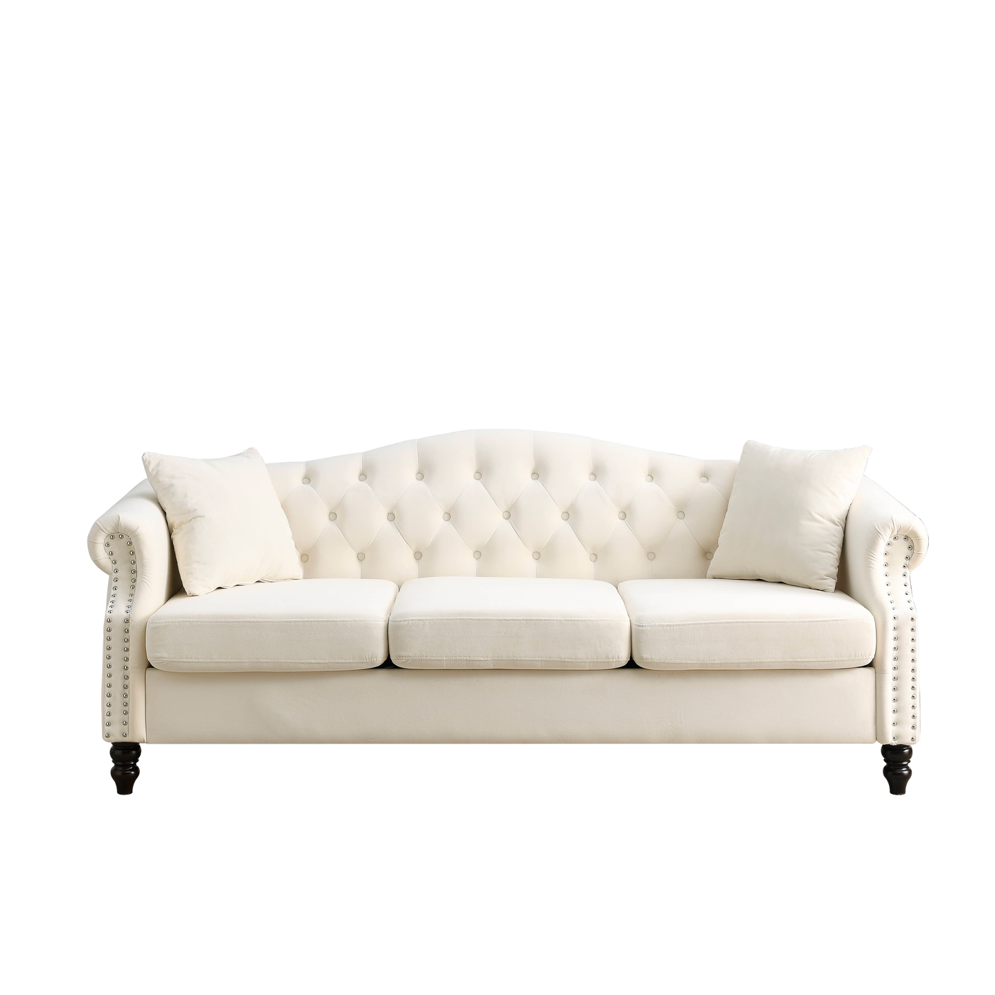 3-Seater Beige Velvet Chesterfield Sofa Set with Nailhead Trim and Low Back