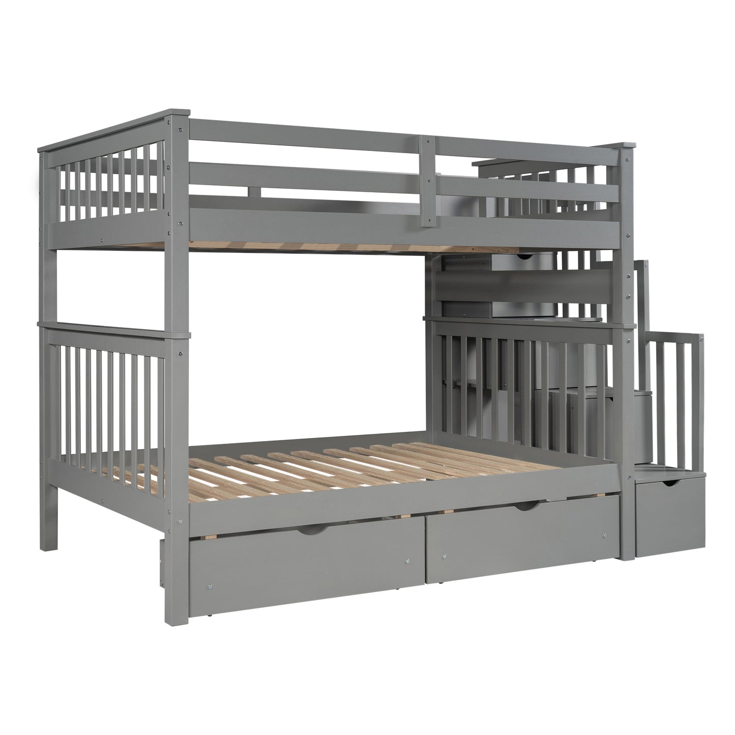 Gray Full Over Full Bunk Bed with Storage Drawers and Shelving