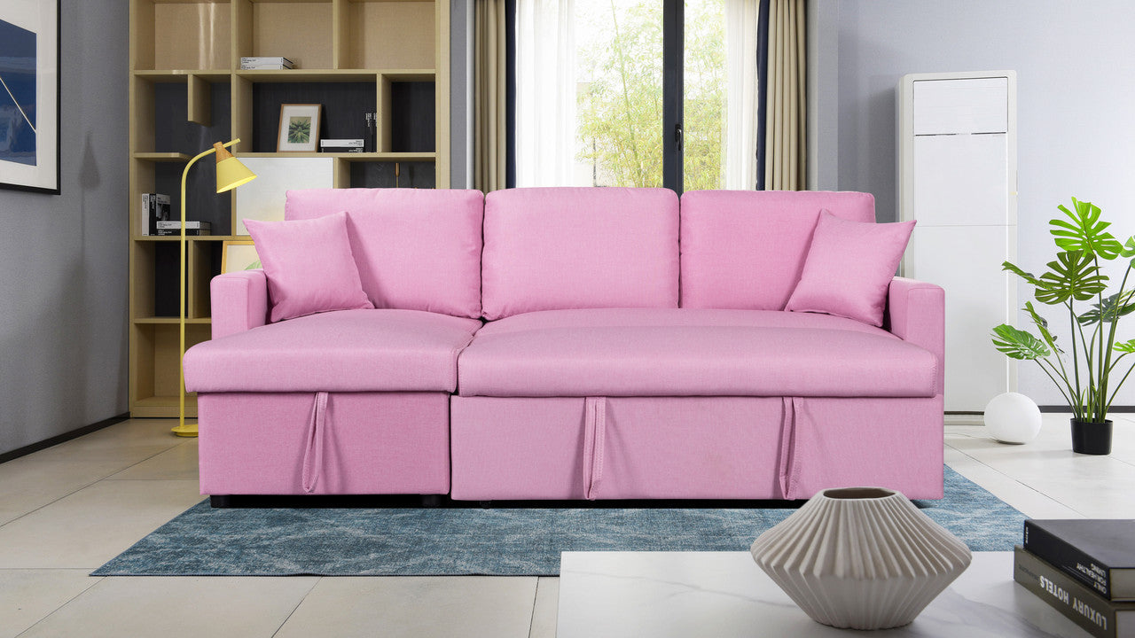 Pink Paisley Linen Fabric Sleeper Sectional Sofa with Storage Chaise