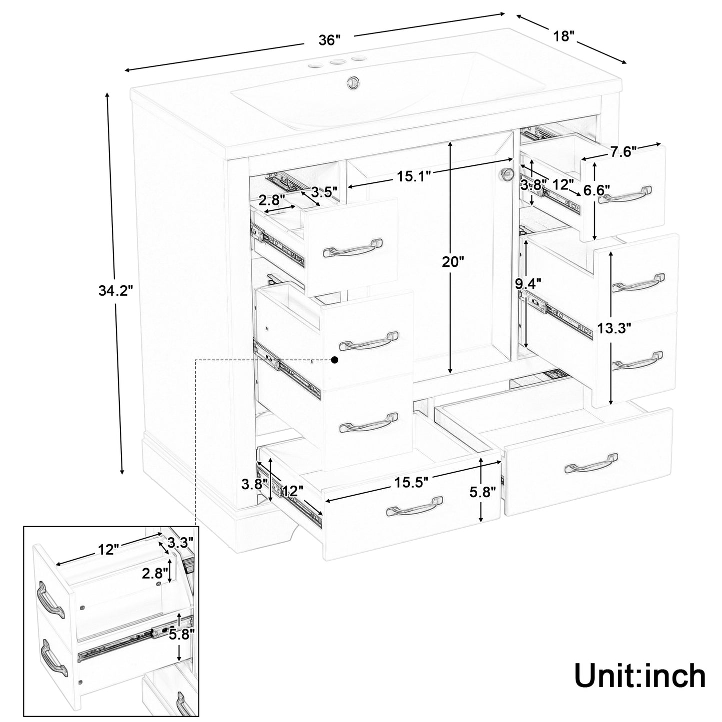 36" Bathroom Vanity with Sink Combo, Six Drawers, Multi-Functional Drawer Divider, Adjustable Shelf, White