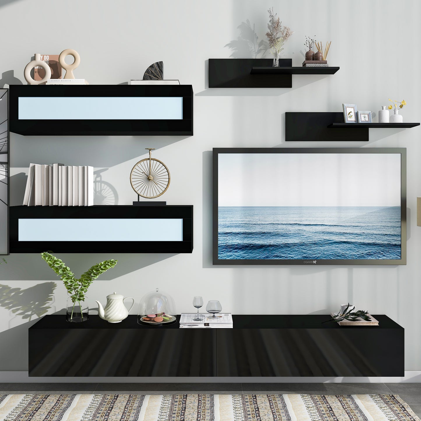 Modern Black Wall Mount Floating TV Stand with LED Lights and Media Storage