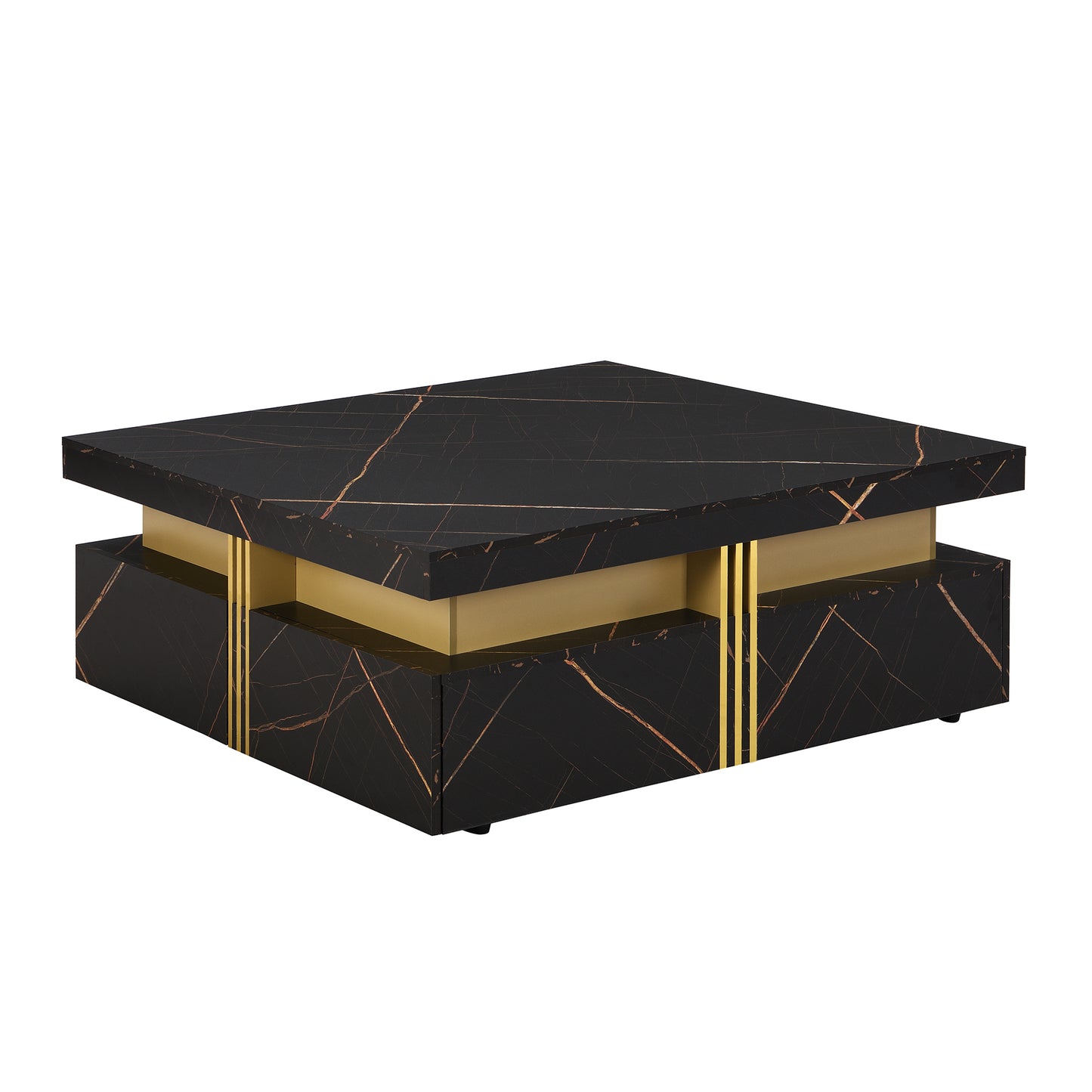 Contemporary Square Black Coffee Table with Gold Accents and Storage Drawers