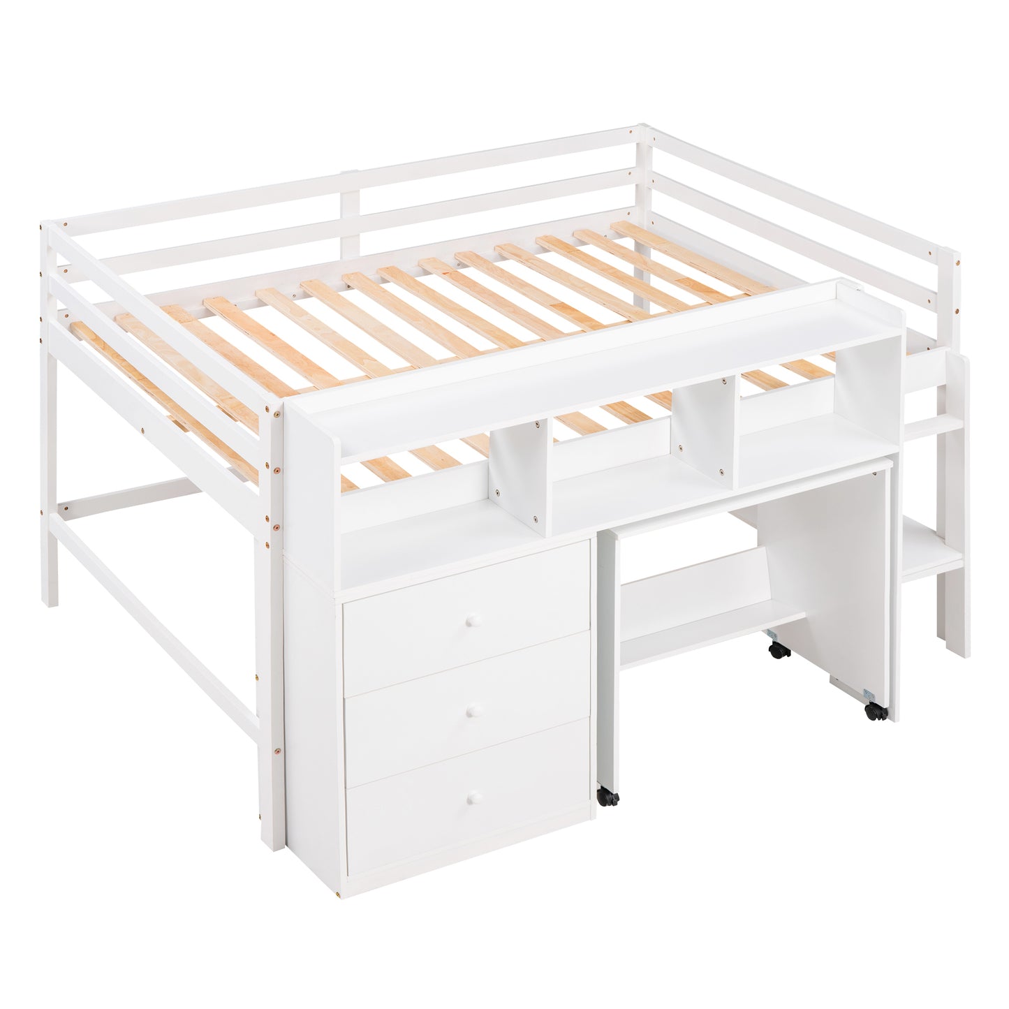 Full Size Low Loft Bed with Rolling Portable Desk, Drawers and Shelves, White(: GX000711AAK)