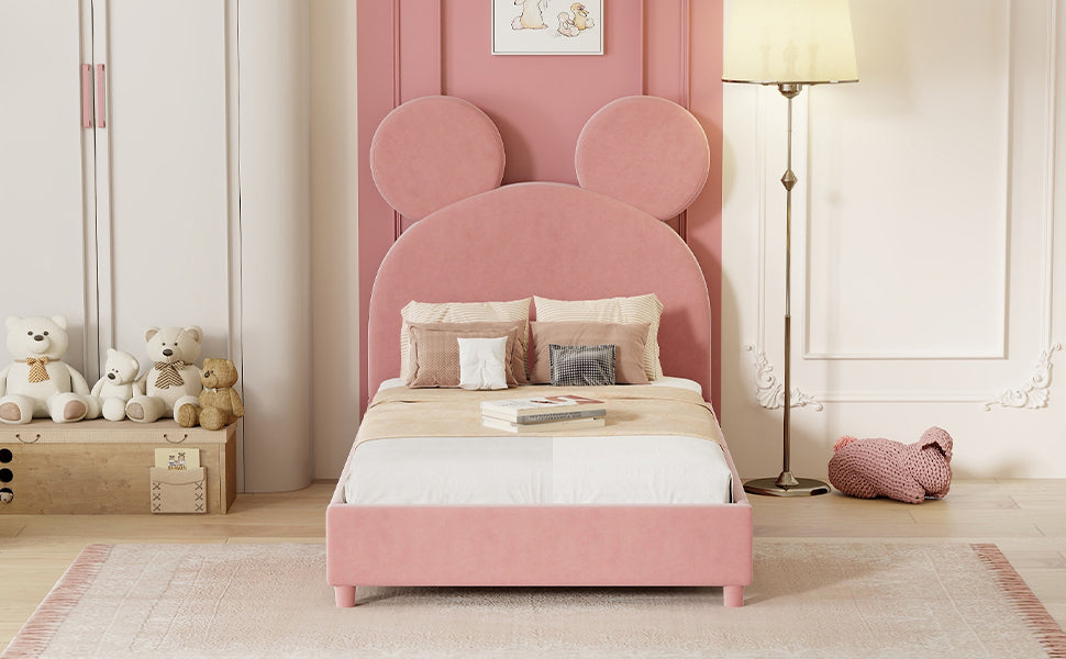 Twin Size Upholstered Platform Bed with Bear Ear Shaped Headboard, Pink