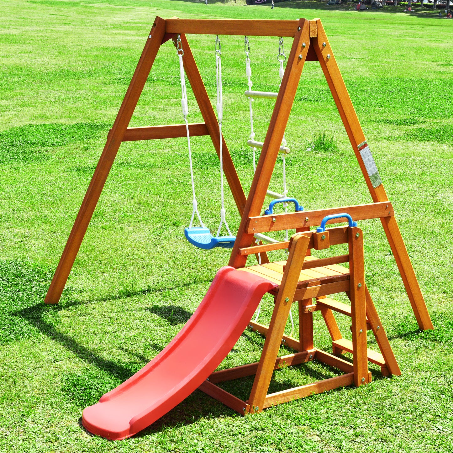 Wooden Outdoor Swing Set with Slide, Climbing Rope Ladder, and Swing for Kids