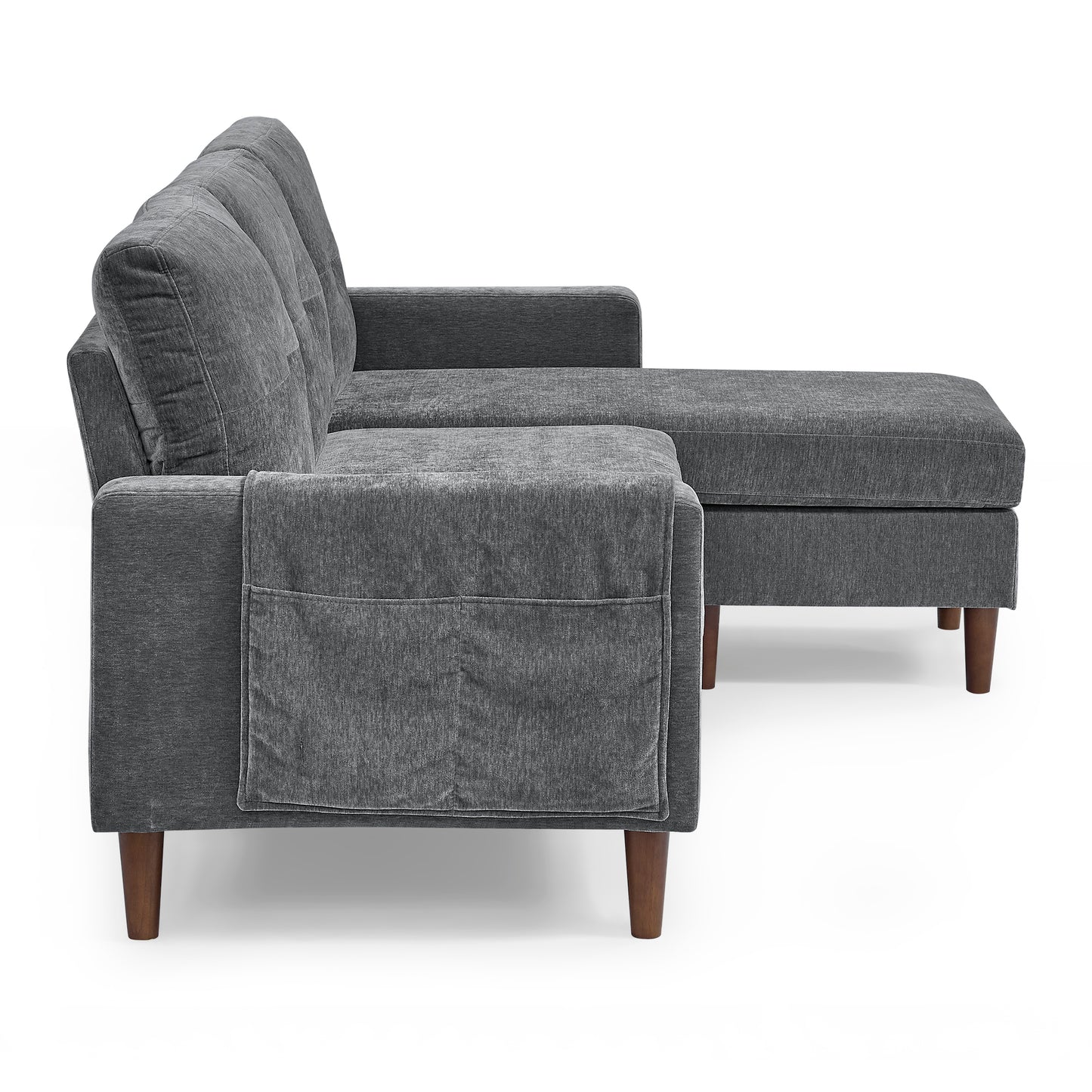 Convertible L-Shape Sectional Sofa with Removable Cushions and Ottoman, Dark Grey Chenille