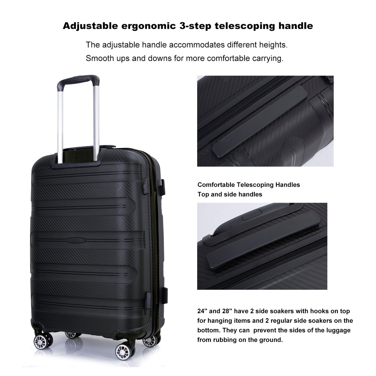 Hardshell Suitcase Spinner Wheels PP Luggage Sets Lightweight Durable Suitcase with TSA Lock,3-Piece Set (20/24/28) ,Black