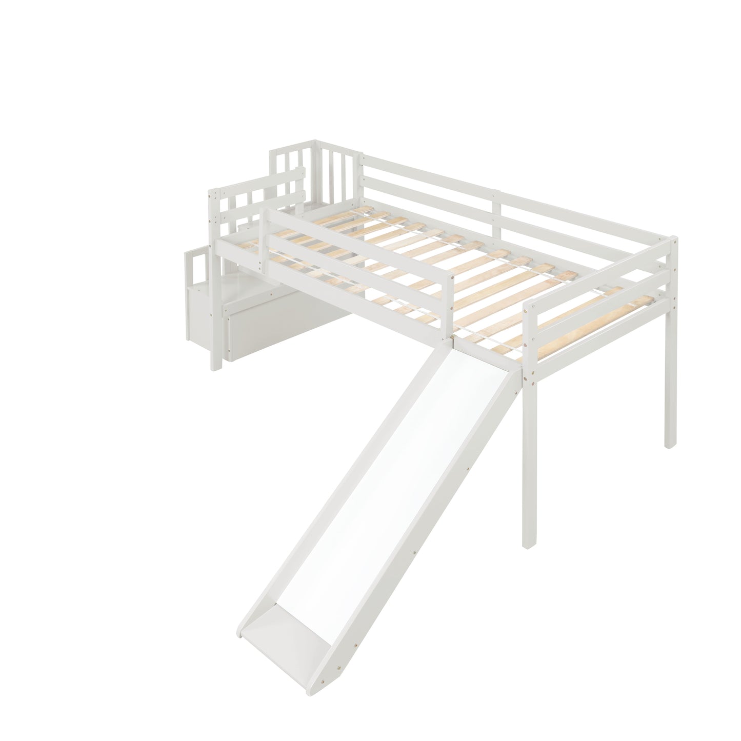 Loft Bed with Staircase, Storage, Slide, Twin size, Full-length Safety Guardrails, No Box Spring Needed, White