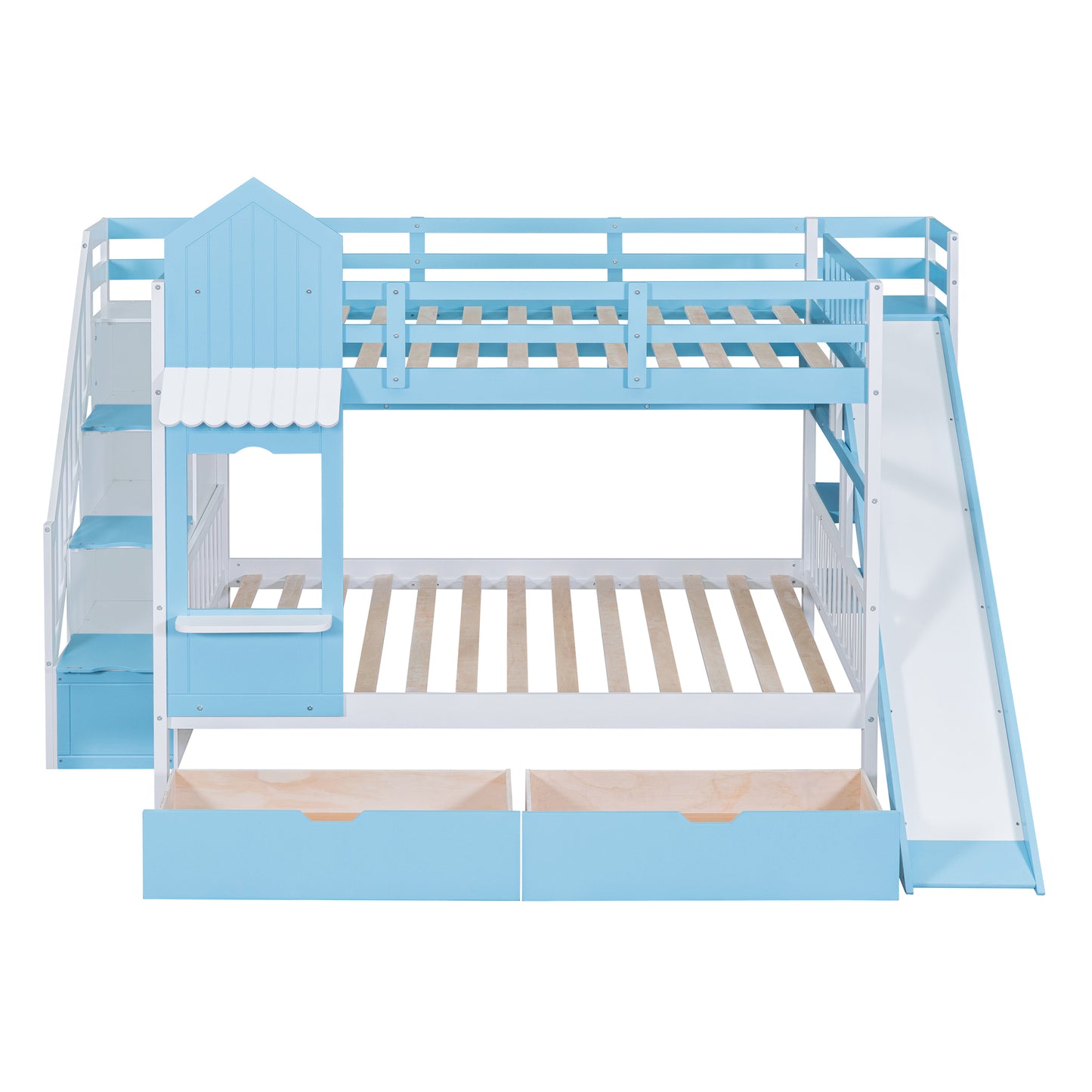 Blue Castle-Themed Full Bunk Bed with Slide, Storage, and Whimsical Charm