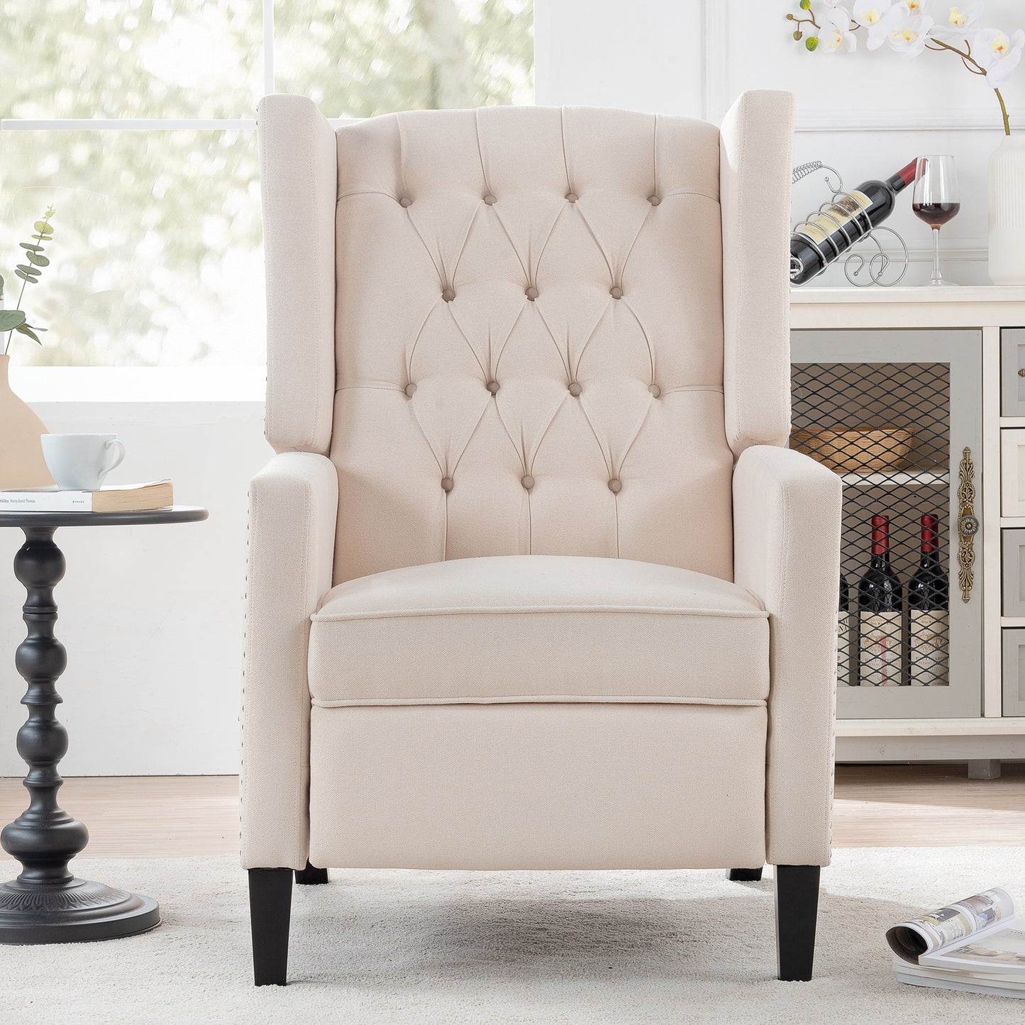 Beige Fabric Wing Chair Recliner with High Backrest - 27.16 Wide