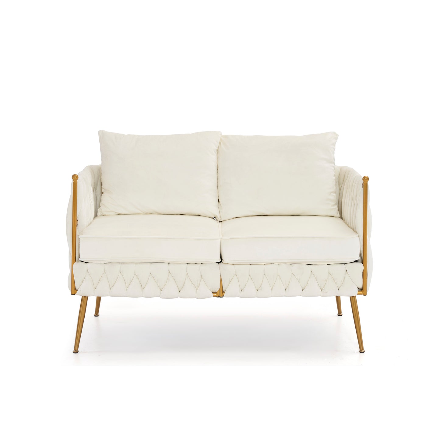 Luxurious 3-Piece Cream White Velvet Living Room Set with Hand-Woven Tufted Back and Golden Metal Legs